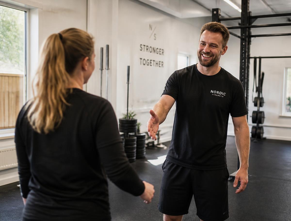 Træner byder en nybegynder velkommen med et smil